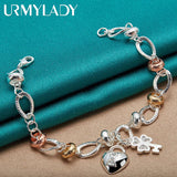 925 Silver Heart Lock Key Bracelet Wedding Gift Jewelry
