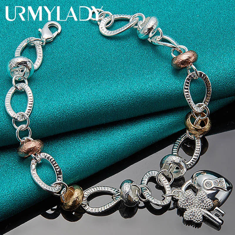 925 Silver Heart Lock Key Bracelet Wedding Gift Jewelry