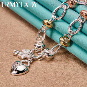 925 Silver Heart Lock Key Charm Necklace 20 Inch Chain