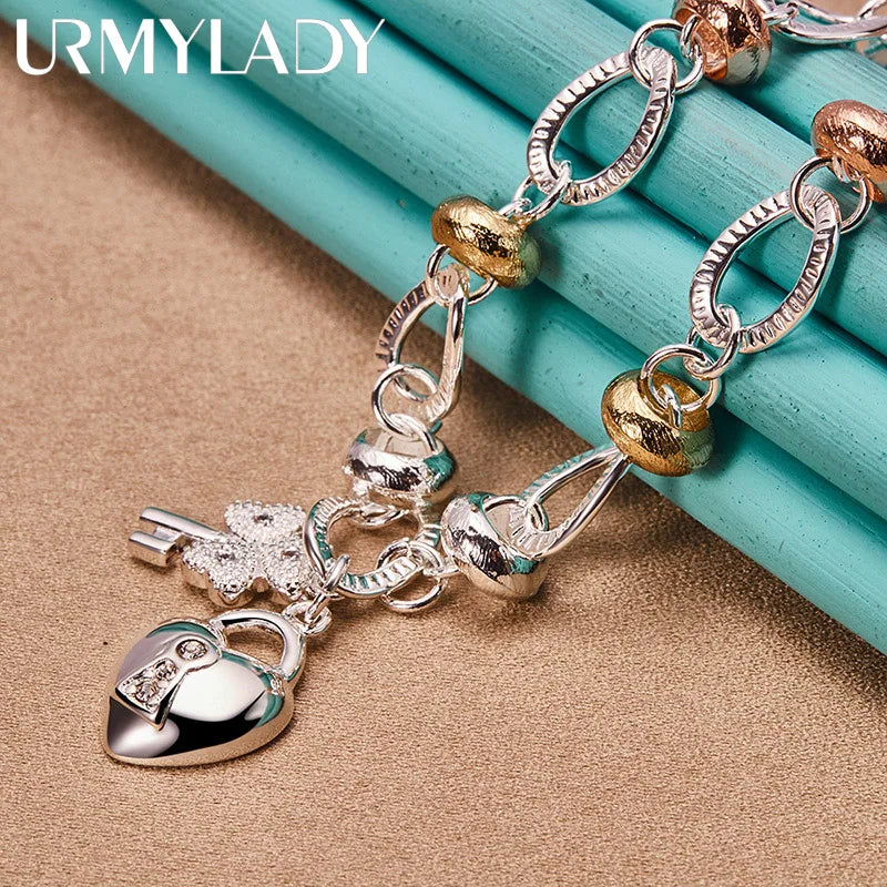 925 Silver Heart Lock Key Charm Necklace 20 Inch Chain