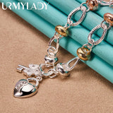 925 Silver Heart Lock Key Charm Necklace 20 Inch Chain