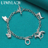 925 Silver Horse Shoe Boots Pendant Chain Bracelet Women