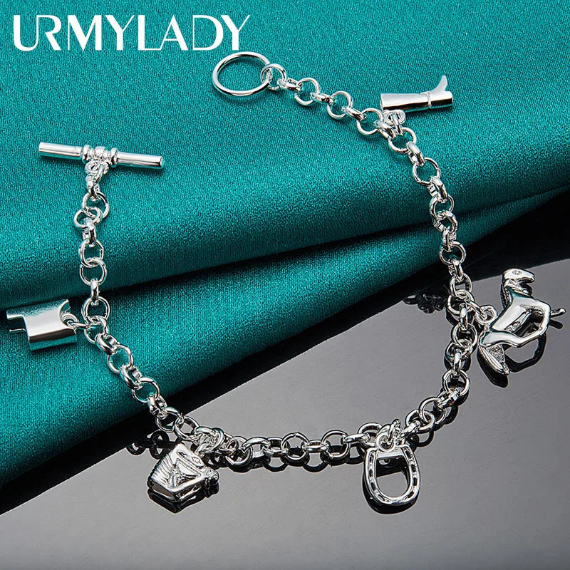 925 Silver Horse Shoe Boots Pendant Chain Bracelet Women
