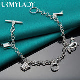 925 Silver Horse Shoe Boots Pendant Chain Bracelet Women