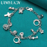 925 Silver Lock Moon Heart Cross Chain Bracelet Wedding Party Jewelry