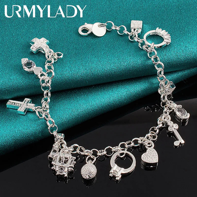 925 Silver Lock Moon Heart Cross Chain Bracelet Wedding Party Jewelry