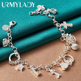 925 Silver Lock Moon Heart Cross Chain Bracelet Wedding Party Jewelry