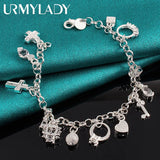 925 Silver Lock Moon Heart Cross Chain Bracelet Wedding Party Jewelry