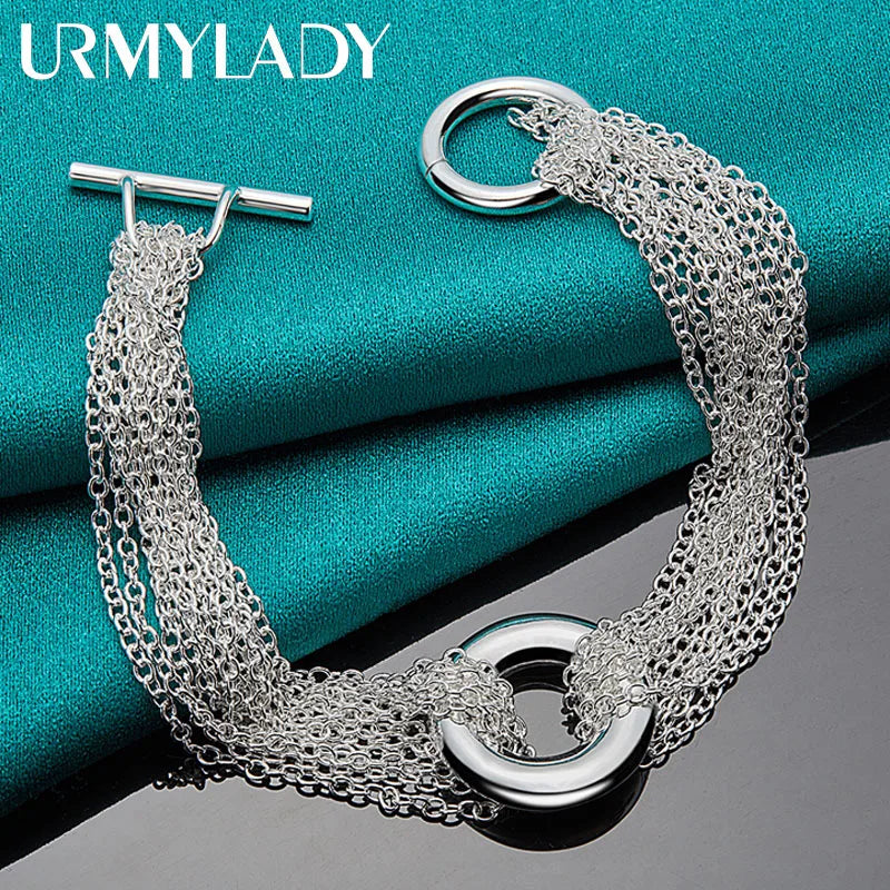 925 Silver Round Bracelet Many Chain Charm Wedding Party Jewelry