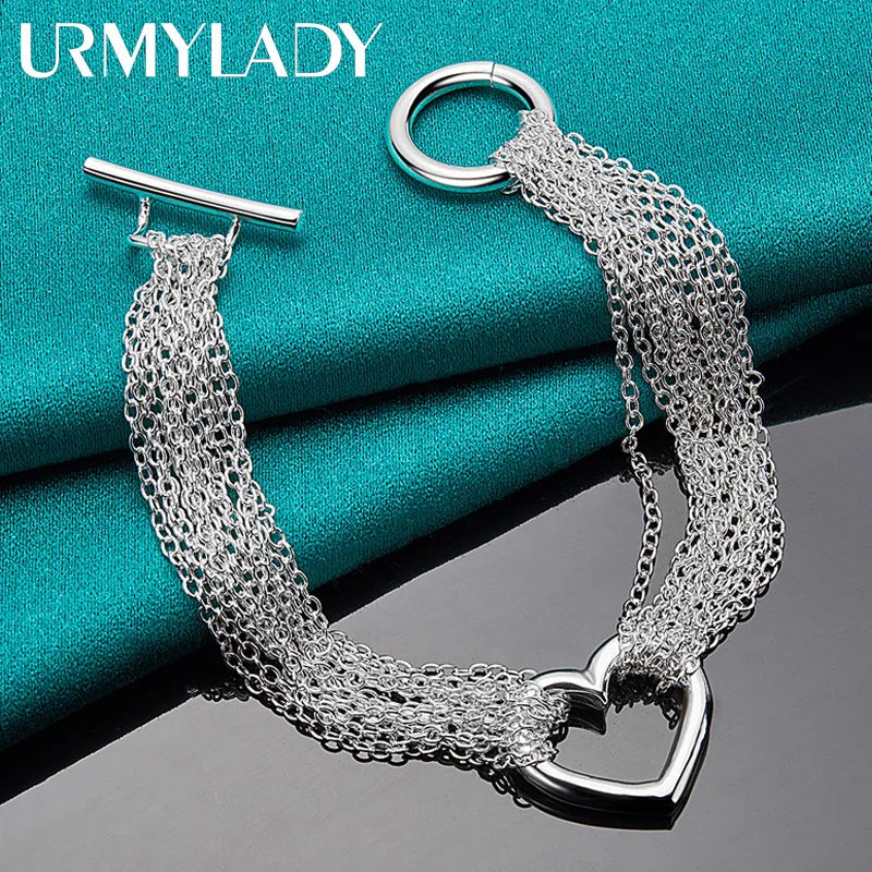 925 Silver Heart Charm Bracelet Multi-Chain Wedding Jewelry
