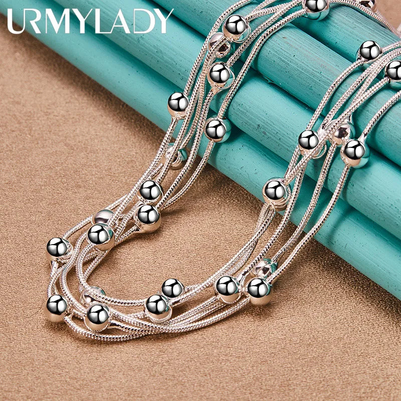 925 Silver Snake Chain Ball Beads Charm Necklace 18 Inch for Women
