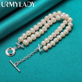 925 Silver Pearl Chain Bracelet Women Wedding Charm Jewelry
