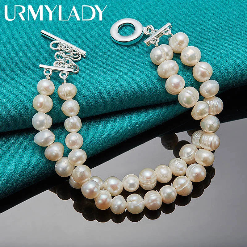925 Silver Pearl Chain Bracelet Women Wedding Charm Jewelry