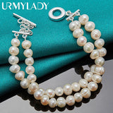 925 Silver Pearl Chain Bracelet Women Wedding Charm Jewelry