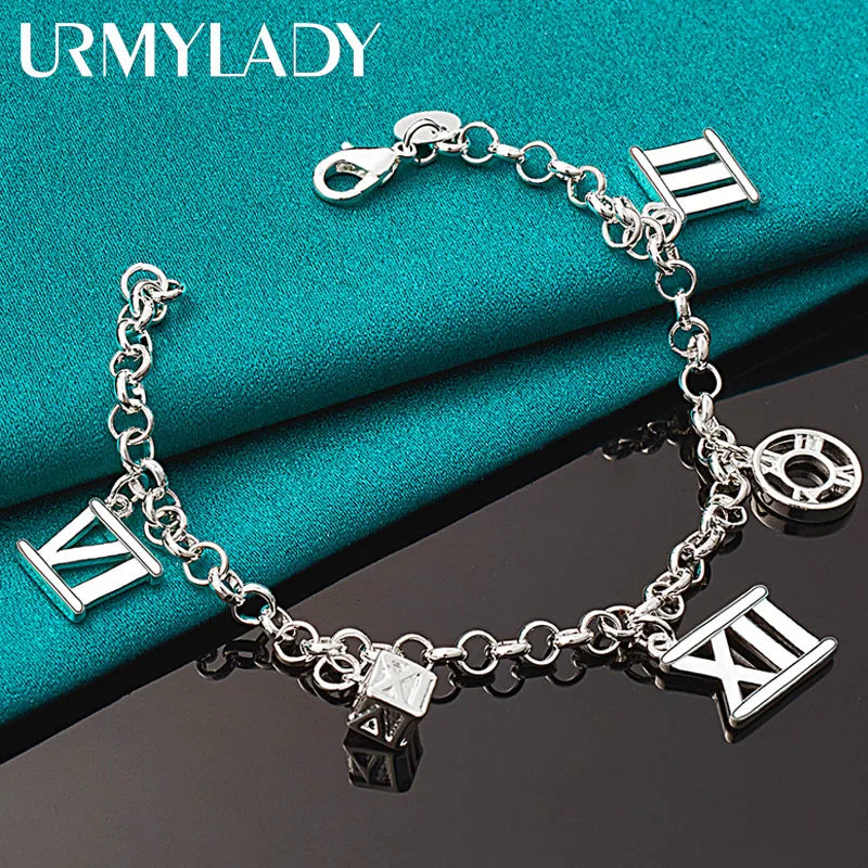 925 Sterling Silver Roman Round Square Bracelet Women Wedding Party Jewelry