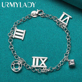 925 Sterling Silver Roman Round Square Bracelet Women Wedding Party Jewelry