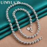 925 Silver Round 6mm Beads Necklace Men Women Party Wedding Jewelry
