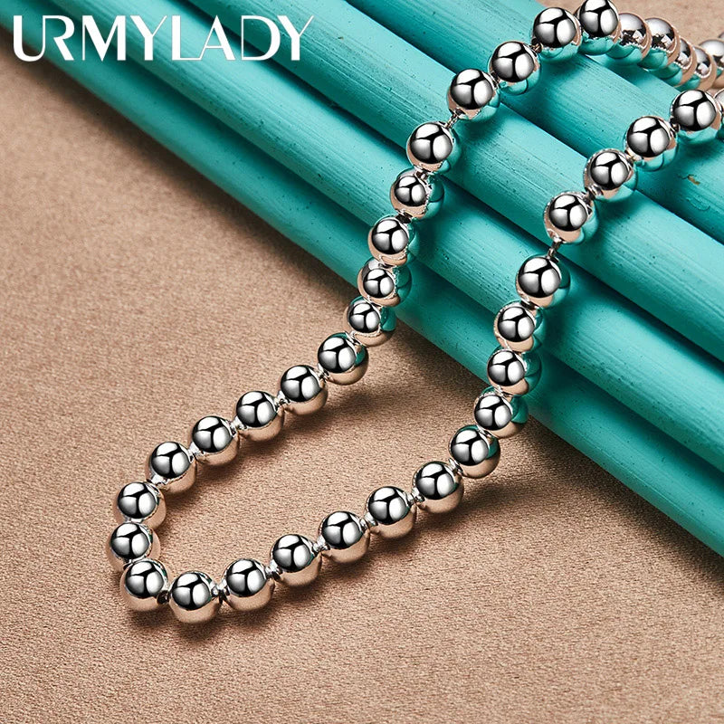 925 Silver Round 6mm Beads Necklace Men Women Party Wedding Jewelry