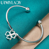 925 Silver Four Leaf Clover Bangle Cuff Bracelet for Women