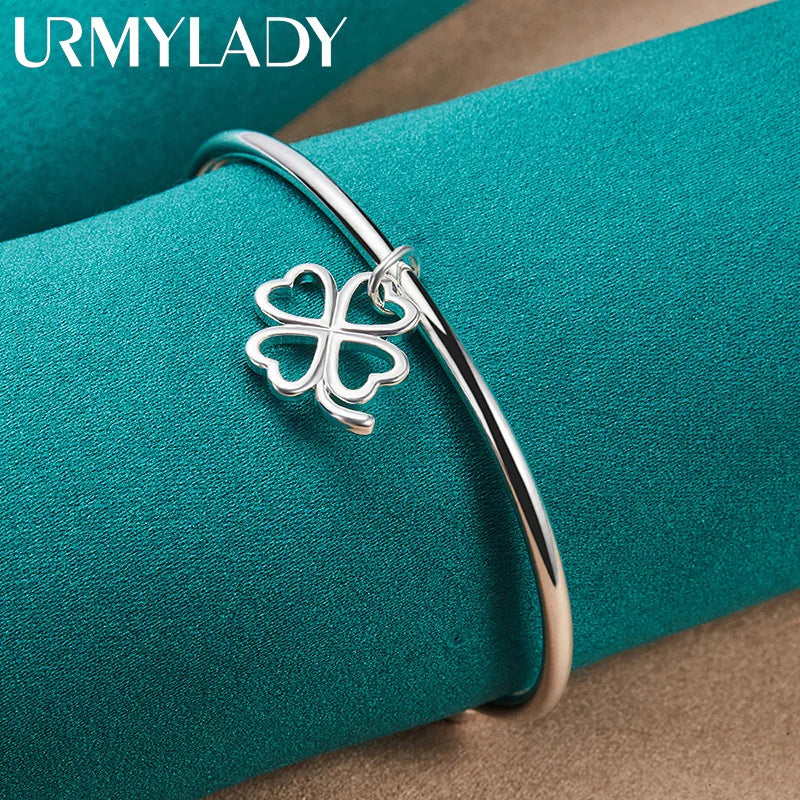 925 Silver Four Leaf Clover Bangle Cuff Bracelet for Women