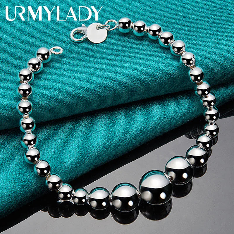 925 Silver Smooth Bead Ball Bracelet Women Wedding Jewelry