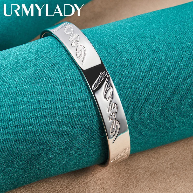 925 Silver Engraved Words Bangle Bracelet Women Wedding Charm Jewelry