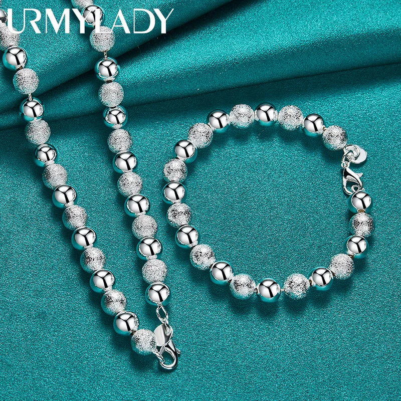 925 Silver Bead Chain Bracelet Necklace Set for Women