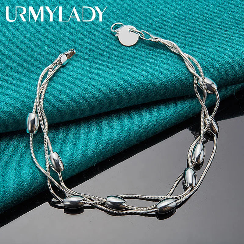 925 Silver Three Snake Chain Beads Bracelet for Women