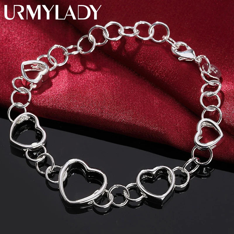925 Silver Full Heart Bracelet Chain Lobster Clasp Women Charm Jewelry