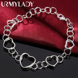 925 Silver Full Heart Bracelet Chain Lobster Clasp Women Charm Jewelry