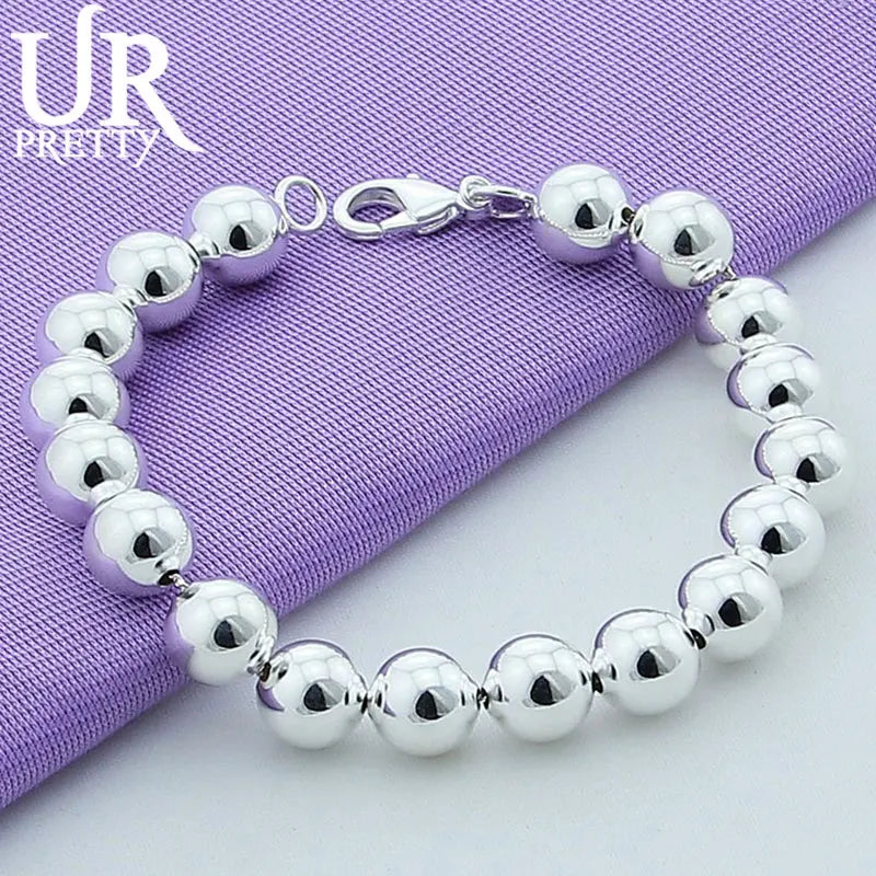 925 Sterling Silver 10mm Bead Ball Chain Bracelet Wedding Engagement Jewelry