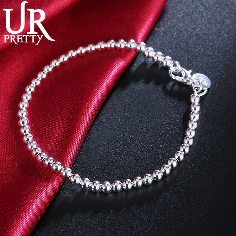 925 Sterling Silver 4mm Bead Chain Bracelet Women Wedding Charm Jewelry