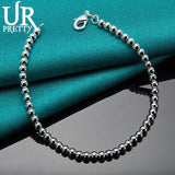 925 Sterling Silver 4mm Bead Chain Bracelet Women Wedding Charm Jewelry