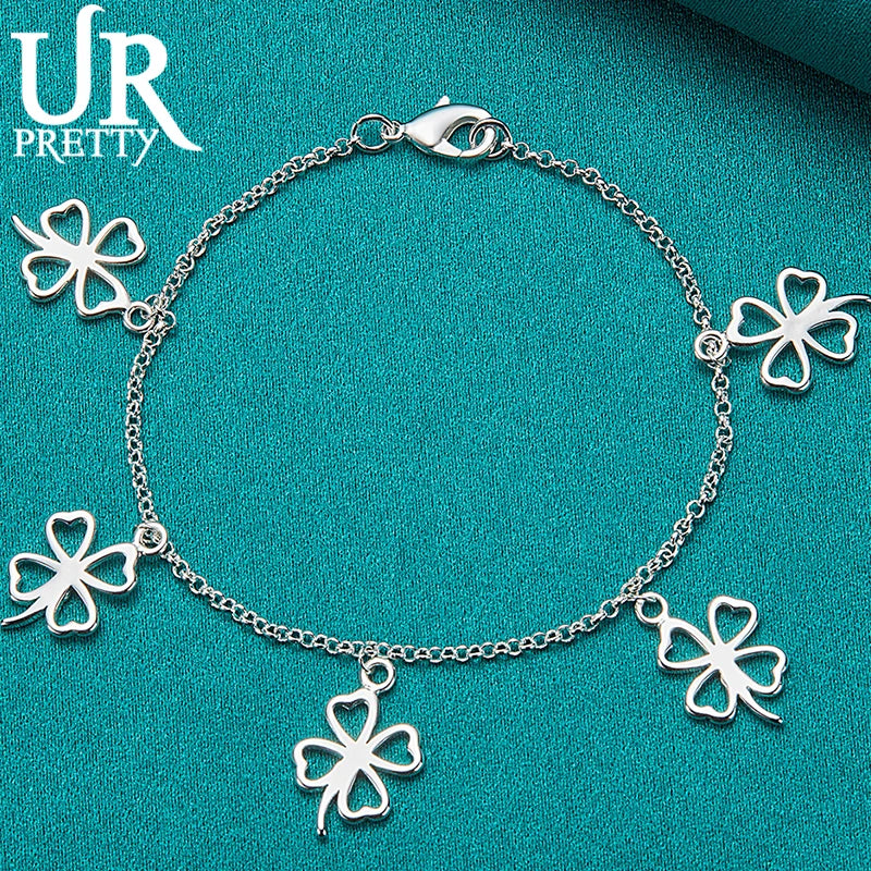 925 Silver 4 Leaf Clover Chain Bracelet Women Wedding Charm Jewelry