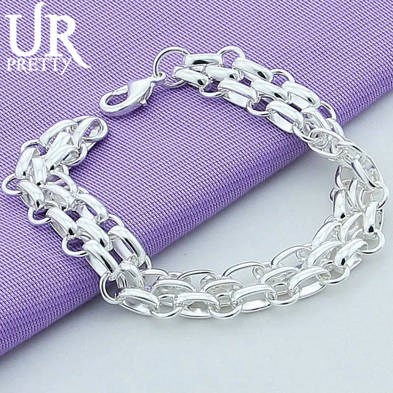 925 Sterling Silver Three Rows Chain Bracelet For Women