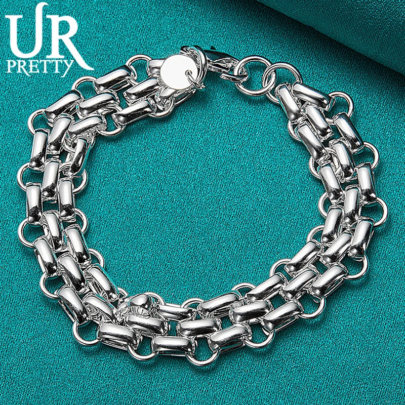 925 Sterling Silver 3 Rows Chain Bracelet Women Wedding Engagement Charm Jewelry