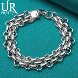 925 Sterling Silver 3 Rows Chain Bracelet Women Wedding Engagement Charm Jewelry
