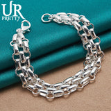 925 Sterling Silver 3 Rows Chain Bracelet Women Wedding Engagement Charm Jewelry