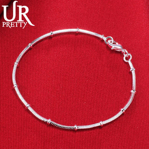 925 Silver 1.7mm Snake Chain Beads Bracelet Men Women Wedding Engagement