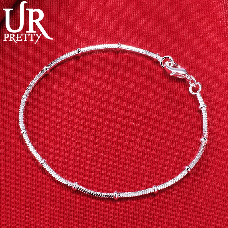925 Silver 1.7mm Snake Chain Beads Bracelet Men Women Wedding Engagement
