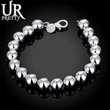 925 Silver 10mm Hollow Beads Chain Bracelet Women Wedding Party Jewelry