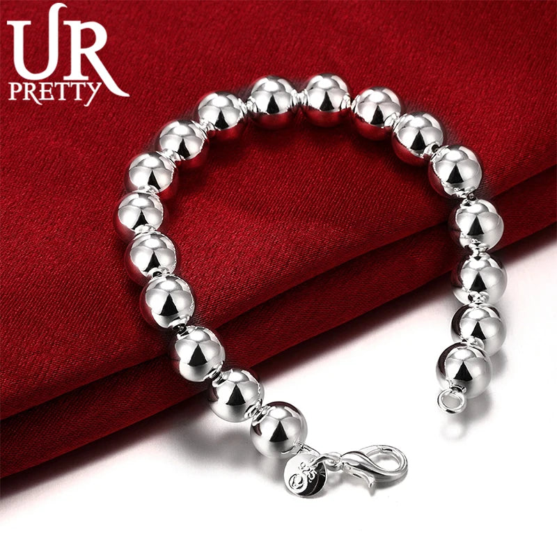 925 Silver 10mm Hollow Beads Chain Bracelet Women Wedding Party Jewelry
