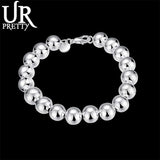925 Silver 10mm Hollow Beads Chain Bracelet Women Wedding Party Jewelry
