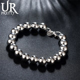 925 Silver 10mm Hollow Beads Chain Bracelet Women Wedding Party Jewelry