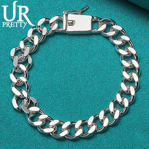 925 Silver Sideways Square Buckle Chain Bracelet for Man Women