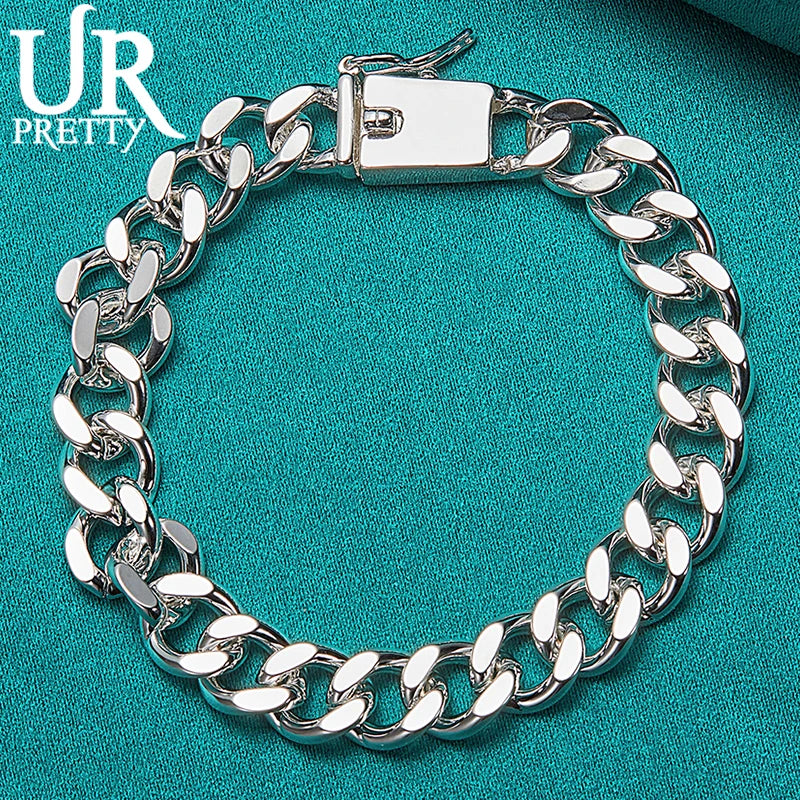 925 Silver Sideways Square Buckle Chain Bracelet for Man Women