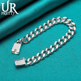 925 Silver Sideways Square Buckle Chain Bracelet for Man Women
