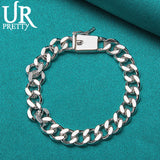925 Silver Sideways Square Buckle Chain Bracelet for Man Women