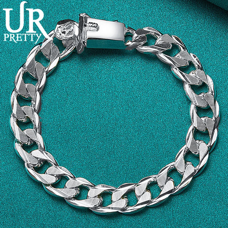 925 Silver 10mm Square Buckle Matte Chain Bracelet Wedding Party Jewelry