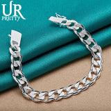 925 Silver 10mm Square Buckle Matte Chain Bracelet Wedding Party Jewelry